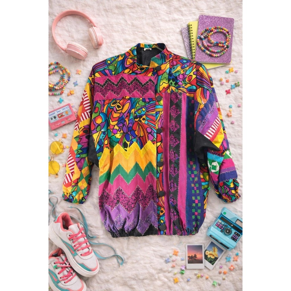 Womens Vintage 80s Art to Wear Patchwork Jacket Multicolor Quilted Maximalist